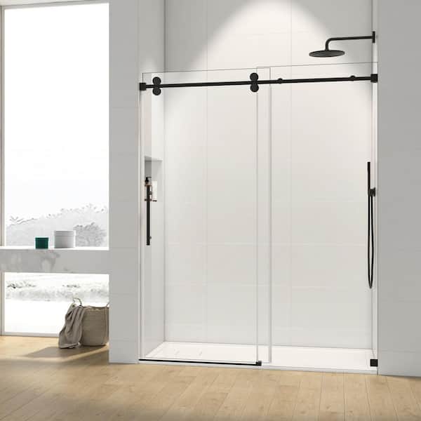 Satico 60 in. W x 76 in. H Single Sliding Frameless Shower Door/Enclosure in Matte Black Finish with Clear Glass