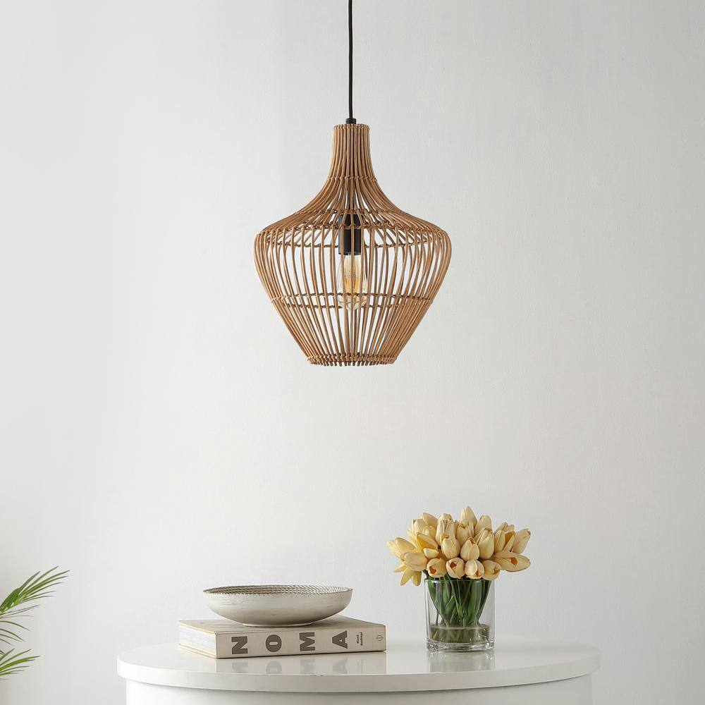 Lucas 13" Satin Brown Rattan LED Pendant with Adjustable Cord