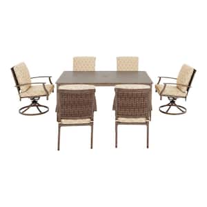 Geneva Brown Wicker Outdoor Patio Stationary Dining Chair with CushionGuard Toffee Trellis Tan Cushions (2-Pack)