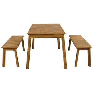 3-Piece Acacia Wood Outdoor Dining Set with 2 Benches