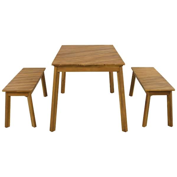 WELLFOR 3-Piece Acacia Wood Outdoor Dining Set with 2 Benches