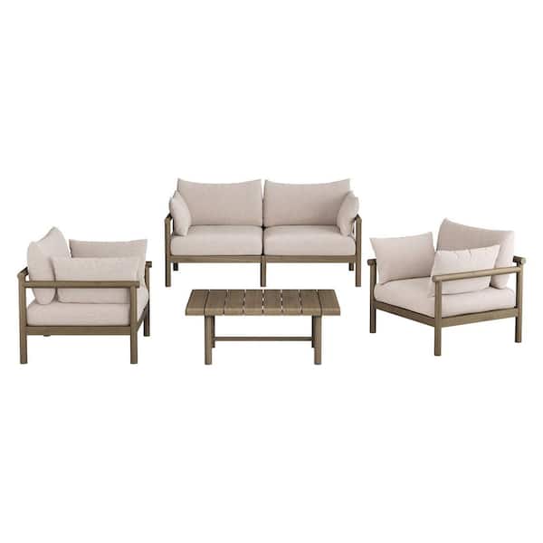 Eleni 4-Piece Outdoor Patio Teak Wood Sofa Set in Weathered Gray Pebble