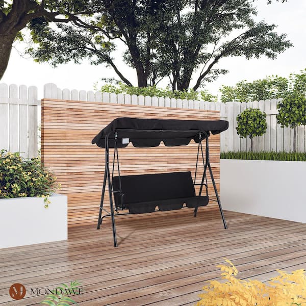 3-Person Black Metal Patio Outdoor Porch Swing Chair Yard Rocker with Removable Cushion & Convertible Canopy