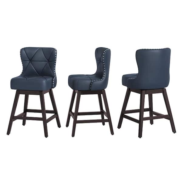 OrangeOne Hampton 26 in. Navy Blue Faux Leather Upholstered Counter Stool with Back Solid Wood Frame Swivel Bar Stool Set of 3