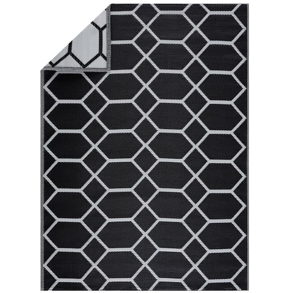 PLAYA RUG Miami Black White 8 ft. x 10 ft. Reversible Recycled Plastic Indoor/Outdoor Area Rug-Floor Mat