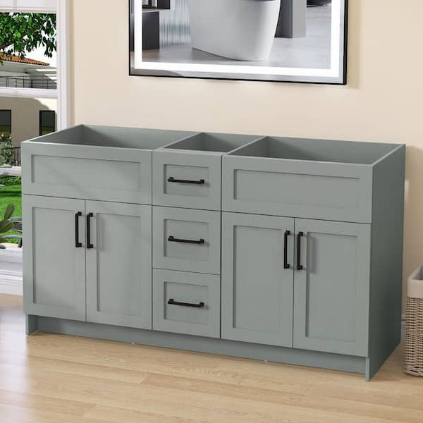 Unassembled 60 in. MDF Bath Vanity Cabinet without Top in Sky Grey with 3-Drawers and 4-Doors,Soft Closing Floor Cabinet