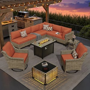 OVIOS Holly Gray 11-Piece Wicker 54 in. Rectangle Fire Pit Patio