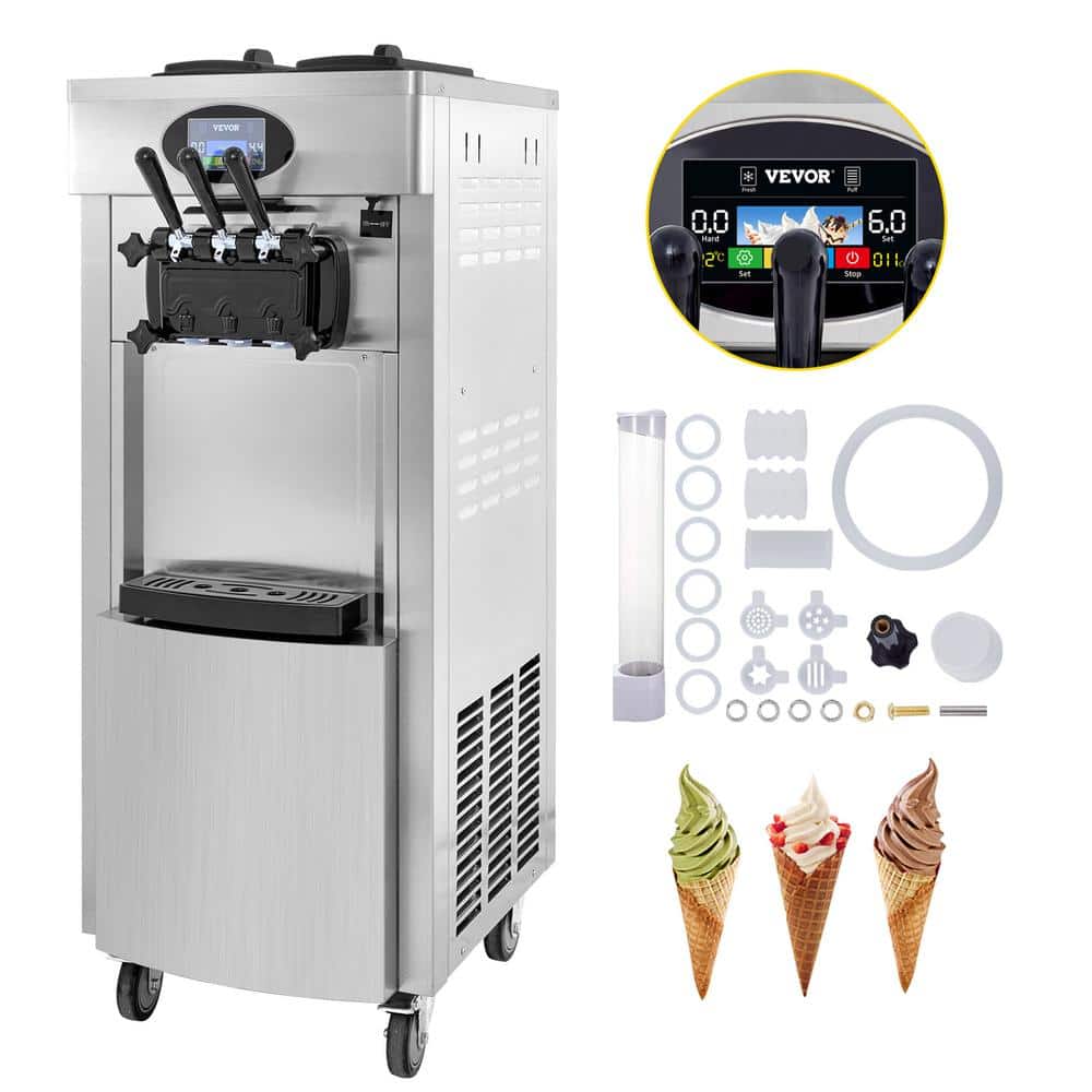 Commercial Soft Ice Cream Maker 5.3 to 7.4 Gal. per Hour Auto Clean LED Touch Screen 3 Flavors for Snack Bar, 2200 W