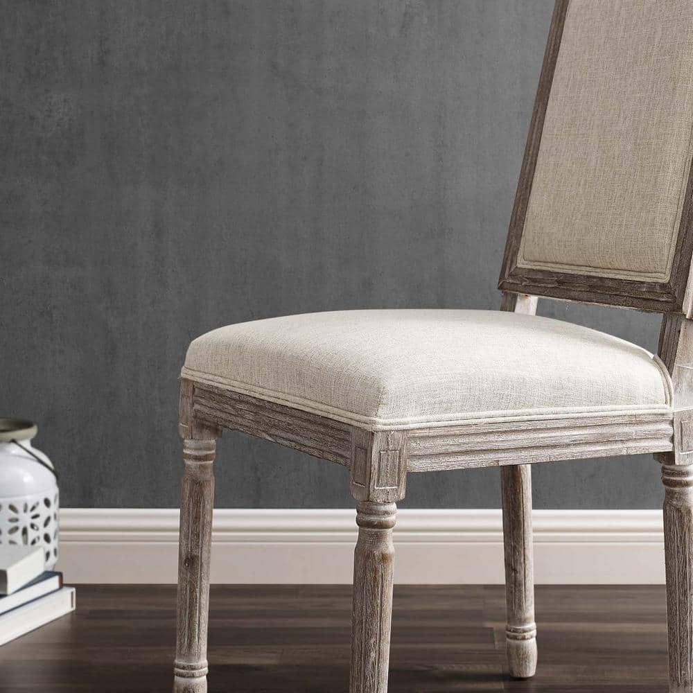 Beige Upholstered Wood Dining Side Chair with Turned Legs