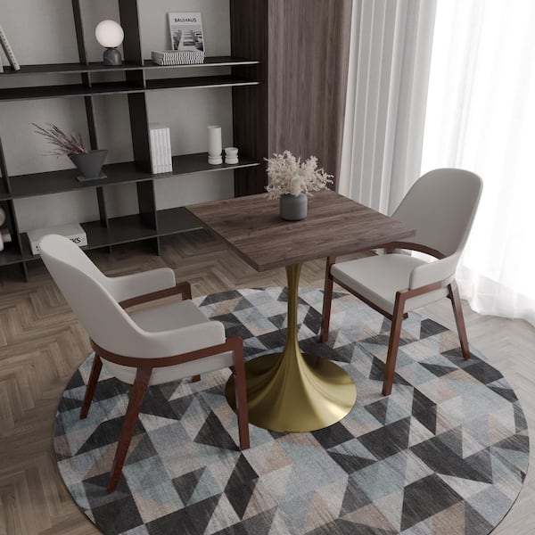 Verve 24 in. Wide Square Dining Table MDF Wood Tabletop and Brushed Gold Stainless Steel Pedestal Base in Dark Maple
