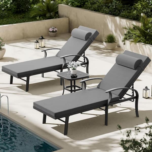 Halmuz 3-Piece Aluminum Outdoor Chaise Lounge with Glass Table, Armrest and Cushion Grey