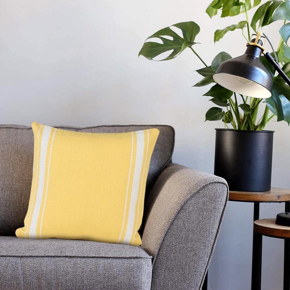 Yellow and White Cotton Striped 20" Square Throw Pillow