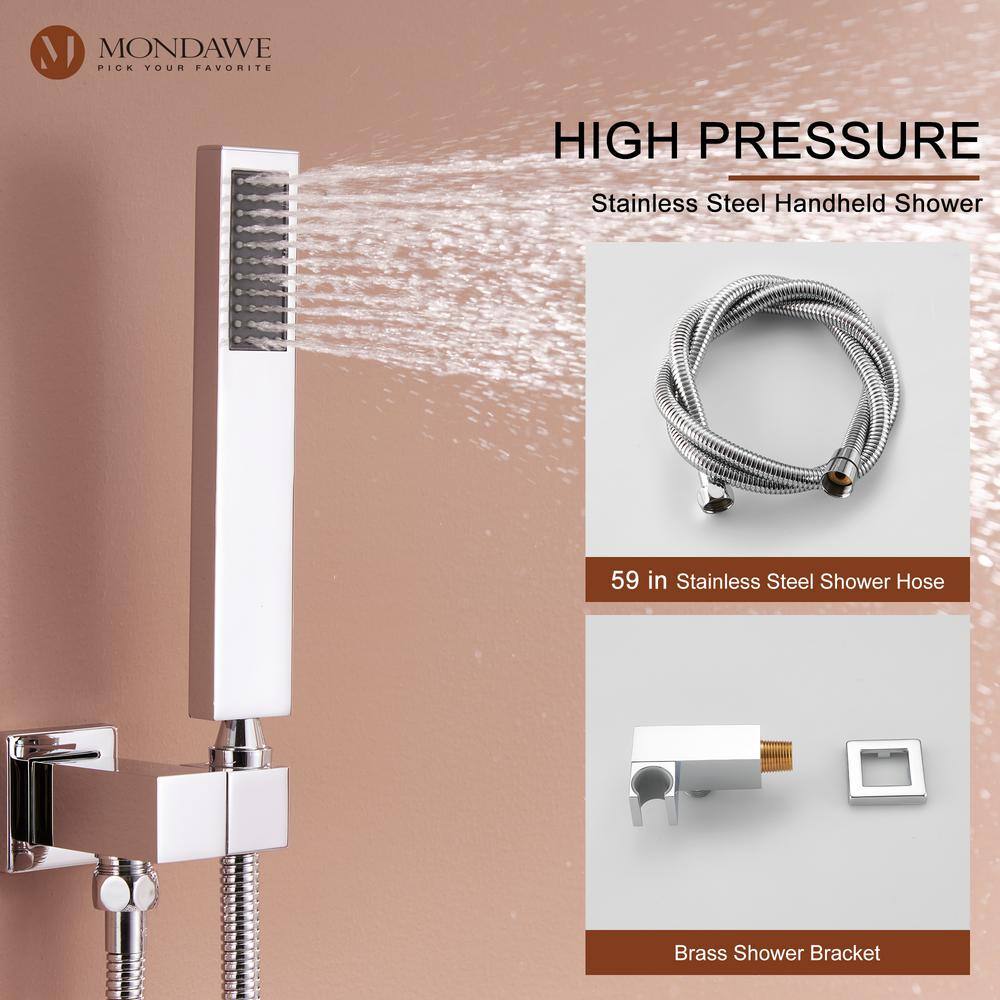 12 Inch Chrome LED Wall Mounted Rain Shower System with Handheld and Body Jets