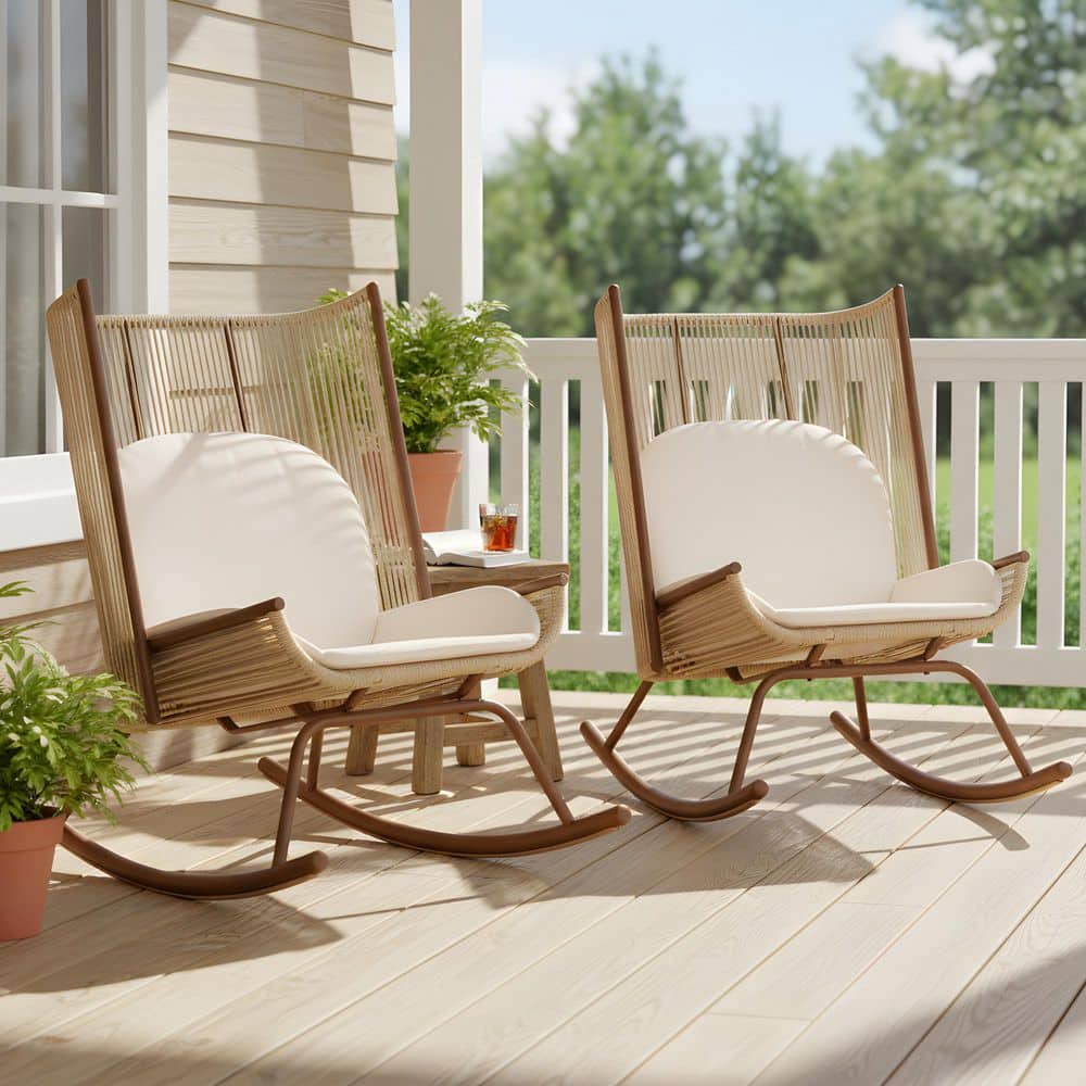 Asa Beige Metal and PE Rattan Patio Outdoor Rocking Chair with Beige Cushions and High Arc Backrest, Set of 2 price history on PriceWatchPro