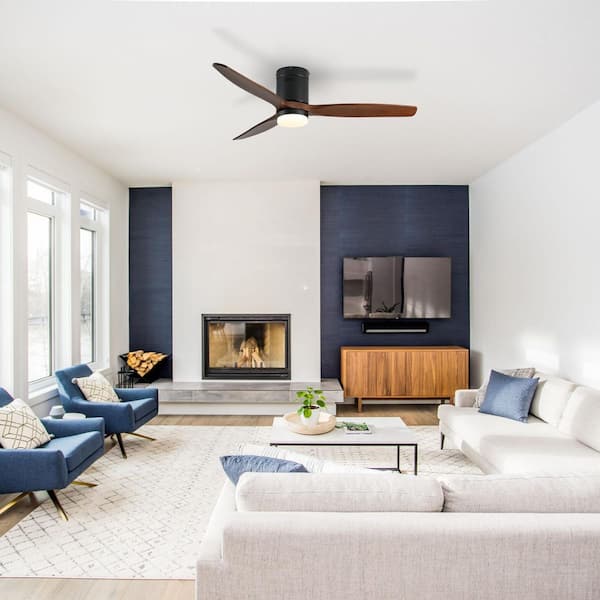 52 in. Walnut Wood Blade Indoor Modern Flush Mount Ceiling Fan with 6 Speed Levels 3 Blades Remote Included Dining Room