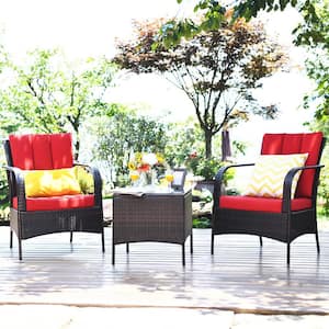 3-Piece Wicker Patio Conversation Set with Red Cushions Plus Curved Armrest
