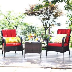 Island 3-Piece Wicker Patio Conversation Set with Red Cushions