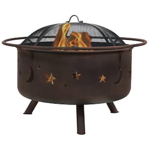 Cosmic 30 in. x 20 in. Round Bronze Steel Wood Burning Fire Pit with Cooking Grill and Spark Screen