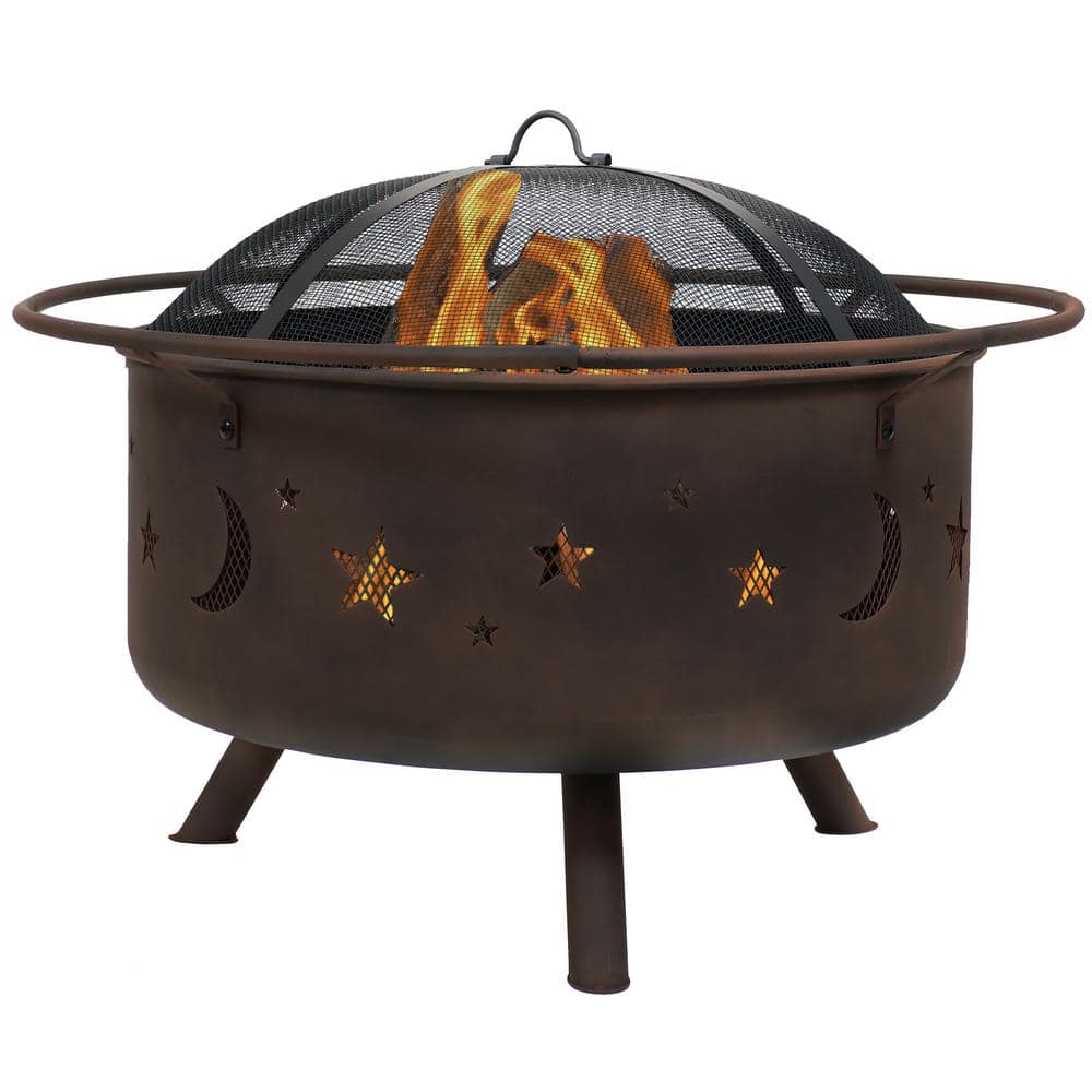 Bronze 30" Round Wood-Burning Steel Fire Pit with Cooking Grate