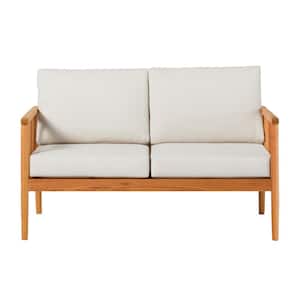 Natural Solid Eucalyptus Wood Outdoor Loveseat with Beige Cushions
