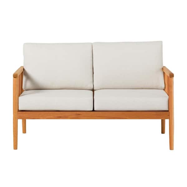 Unbranded Natural Solid Eucalyptus Wood Outdoor Loveseat with Beige Cushions