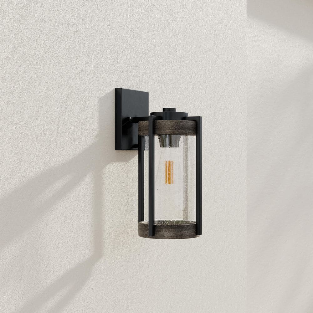 Matte Black and Wood Outdoor Wall Lantern with Seeded Glass