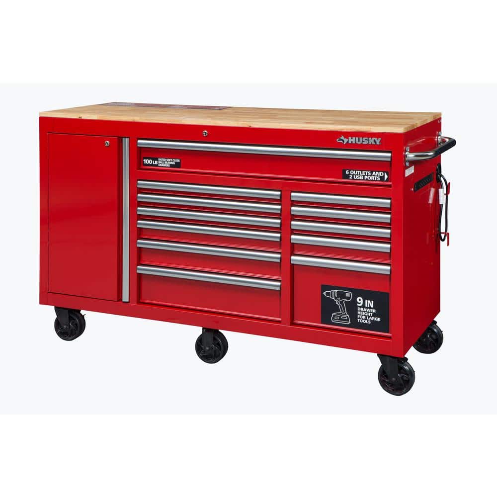 Husky 60 in. W x 22 in. D Standard Duty 12-Drawer Mobile Workbench Cabinet with Solid Wood Top in Gloss Red, Gloss Red with Silver Trim -  UAT-H-60121