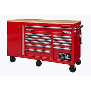 60 in. W x 22 in. D Standard Duty 12-Drawer Mobile Workbench Cabinet with Solid Wood Top in Gloss Red