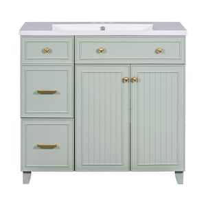 36 in. W Single Sink Bath Vanity in Green with White Solid Surface Top, 2 Drawers and 1 Adjustable Storage Shelf