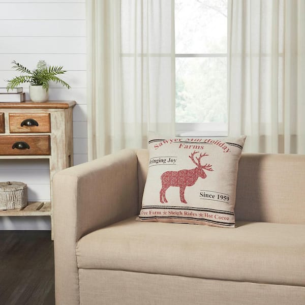 Sawyer Mill Red Khaki Black 18 in. x 18 in. Reindeer Christmas Throw Pillow