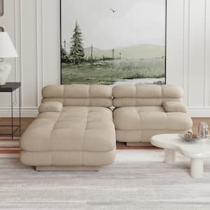 Vintage 73 in. Square Arm 3-Piece Velvet Curved Soriana Sectional Sofa with Ottoman in Light Brown