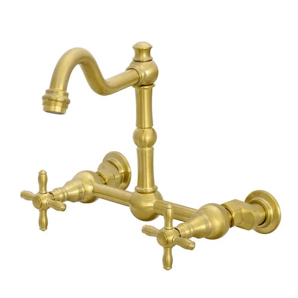Akicon Kitchen Faucets - Solid Brass Wall Mount Kitchen Sink Faucet with 2 Cross Handles, Brushed Gold
