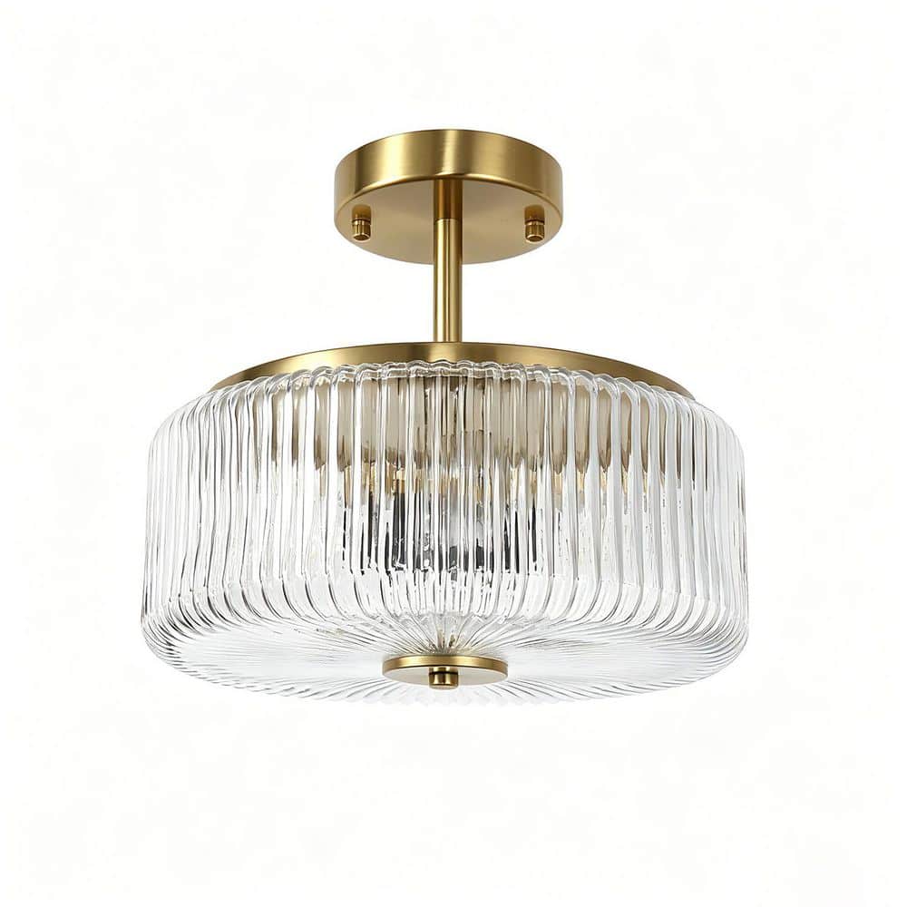 3-Light Drum Polished Gold Semi-Flush Mount Ceiling Light with Ribbed Glass Shades, Vintage Ceiling Fixture for Bedroom price history on PriceWatchPro