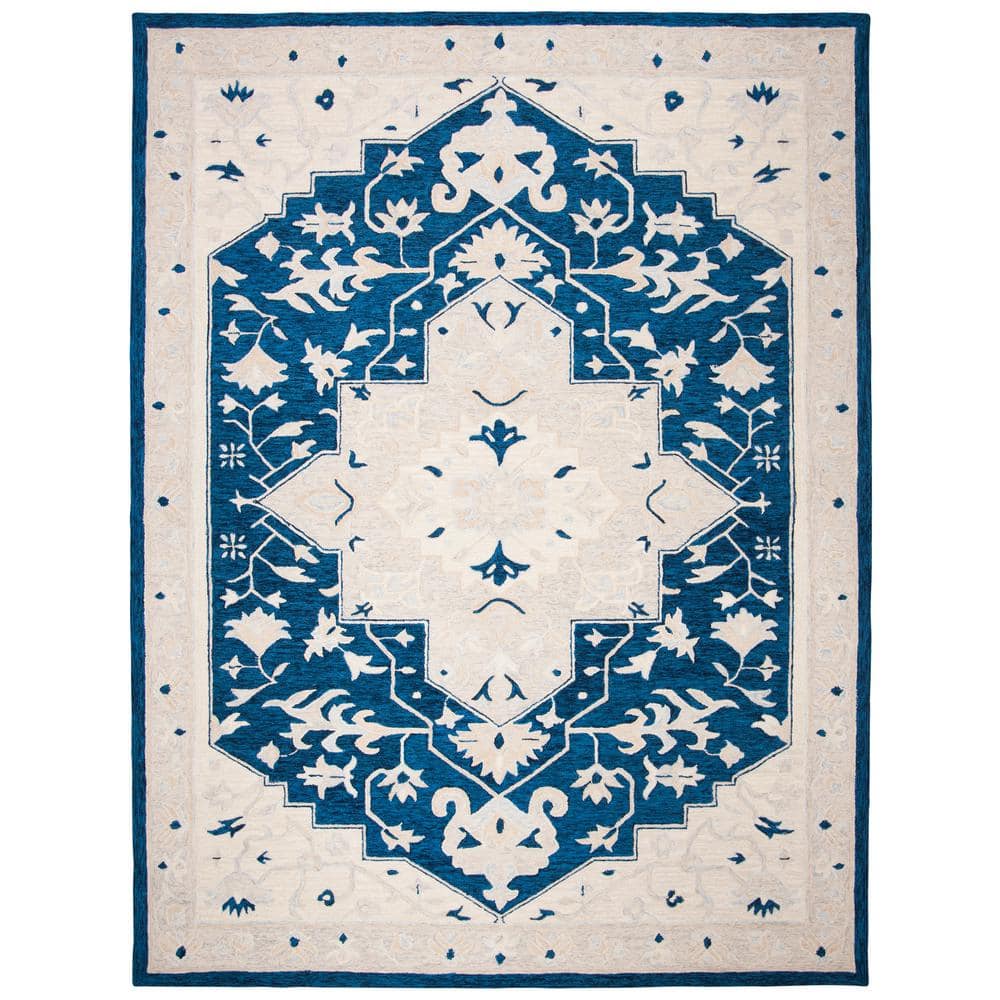 Navy and Ivory Tufted Handmade Wool 8' x 10' Area Rug