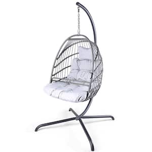 Gray Wicker Foldable Patio Swing with Cushion, Removable Guardrail and Cup Holder, Ergonomic Design
