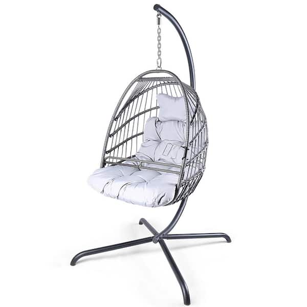 Unbranded Gray Wicker Foldable Patio Swing with Cushion, Removable Guardrail and Cup Holder, Ergonomic Design