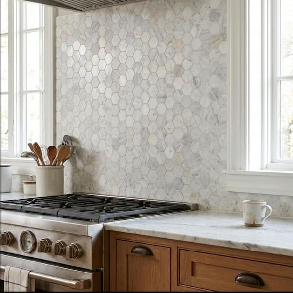 Carrara White 2 in. Hexagon 12 in. x 12 in. x 0.31 in. Honed Marble Mesh-Mounted Mosaic Tile (9.8 sq. ft./case)