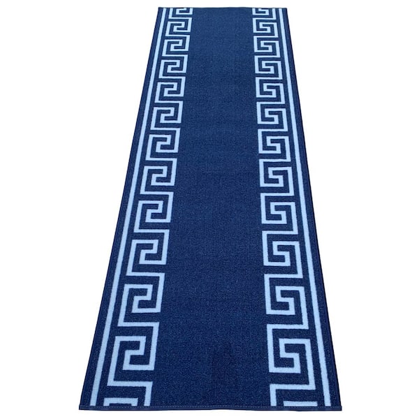 Unbranded Greek Key Blue and White 31 in. Width x Your Choice Length Custom Size Roll Runner Rug/Stair Runner