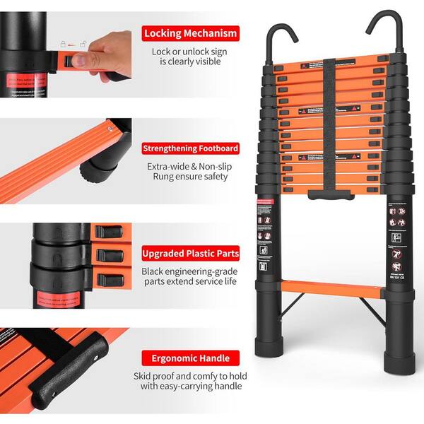 BOCOM 12.5 FT Aluminum Telescoping Ladder – Lightweight Collapsible Extension With Triangle Stabilizers, 330 Lbs Capacity, For Home, RV & Outdoor