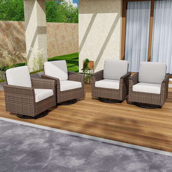 Wicker Patio Outdoor Rocking Chair Swivel Chair with Beige Cushions (4 pack)