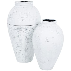 White Tall Distressed Pot Floor Metal Decorative Vase (Set of 2)