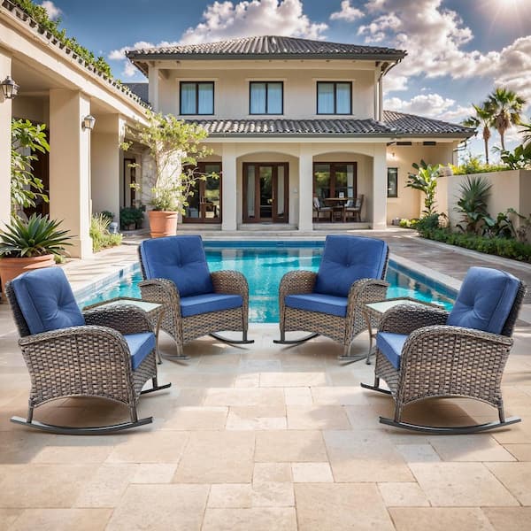 Opohoro Brown 6-Piece Wicker Outdoor Rocking Chairs Patio Conversation Set with Navy Blue Cushions and Side Tables