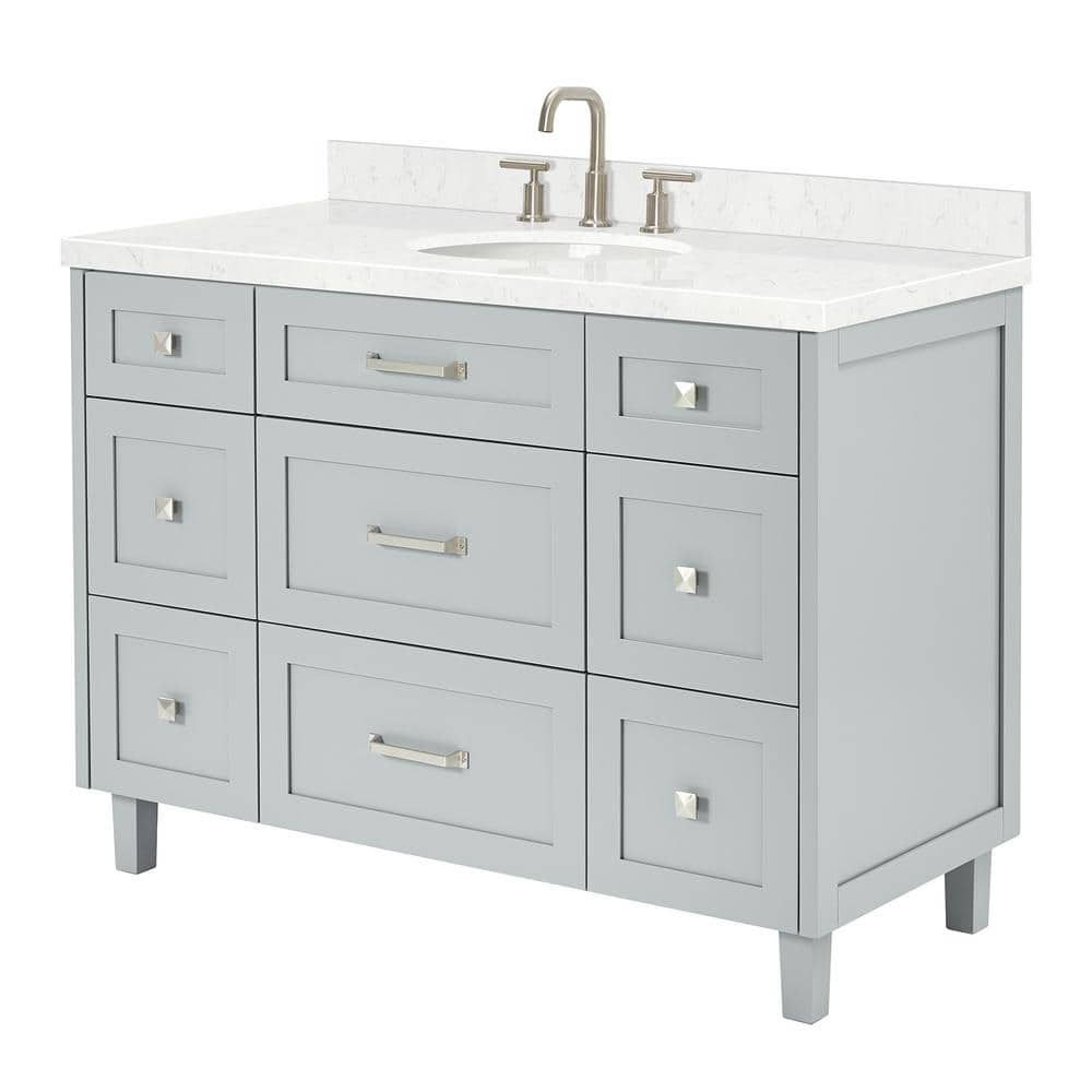 Gray Solid Wood Single Sink Bathroom Vanity with Carrara Quartz Top