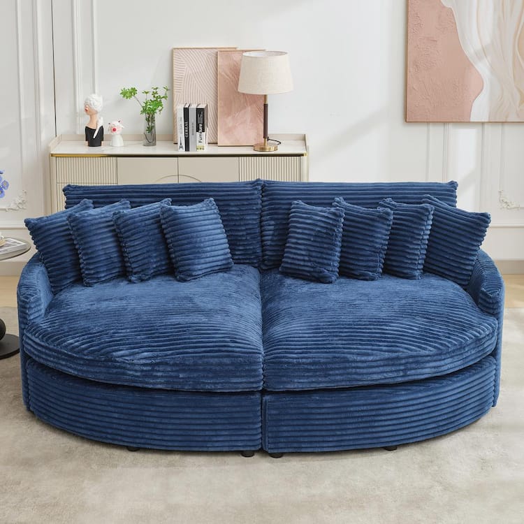 JEAREY 100.78 in. Navy Corduroy Detachable Sofa with Eight Pillows