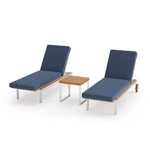 Monterey 2 Piece Stainless Steel Teak Outdoor Chaise Lounge with Spectrum Indigo Cushions and Side Table