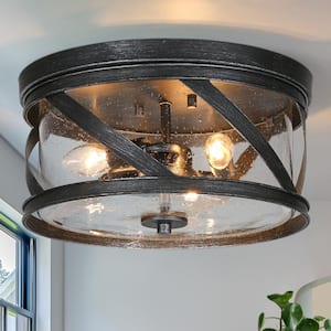 Industrial 13 in. 3-Light Brushed Black Flush Mount with Seeded Glass Shade