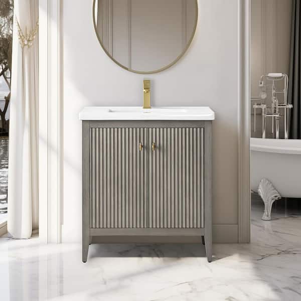 Vanity Art 30 in. W x 18.5 in D x 34 in. H Single Sink Bathroom Vanity Cabinet in Linear Driftwood Gray with Ceramic Top