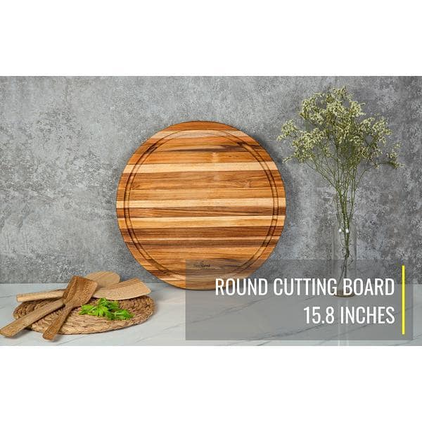 BEEFURNI Premium Round Wood Cutting Board with Juice Groove Teak Wooden Cutting Boards for Kitchen Small Chopping Board Christmas Exchange Gifts(15.8
