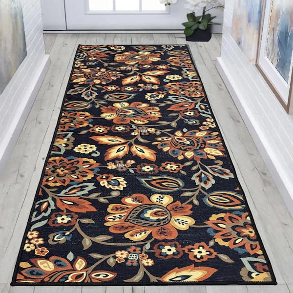 Berber Collection Floral Black 26 in. W x 240 in. L Stair Runner 43.39 sq. ft.