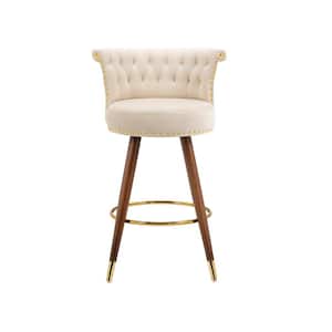 36 in. Low Back Wooden Frame Swivel Upholstered Bar Stool with Ivory Velvet Seat (Set of 2)